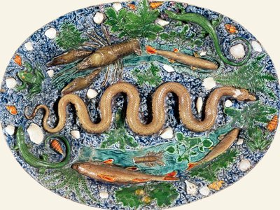 Large Oval Dish Moulded in Relief with Reptiles and Fish by Bernard Palissy